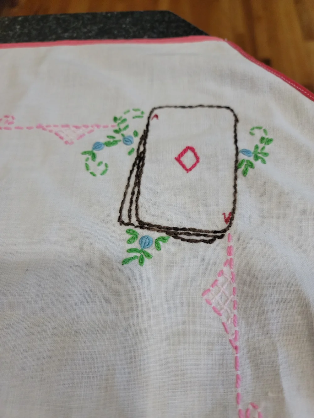 Vintage Hand Embroidered Card Table Cover Playing Cards Bridge Cloth Corner Ties